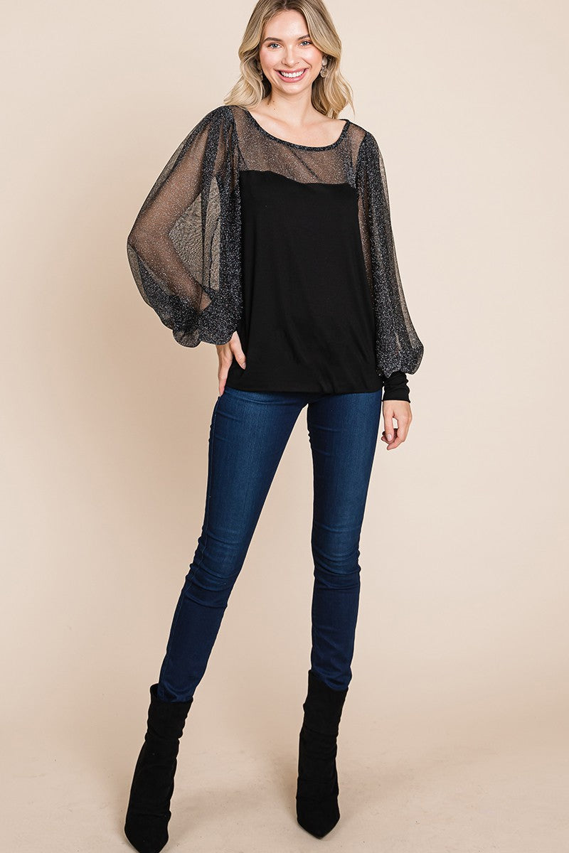 Sarah Metallic Mesh Lantern Sleeve Blouse