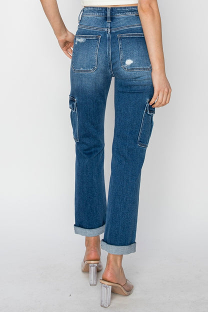 RISEN Lanie Cargo Ankle Roll Up Straight Jeans