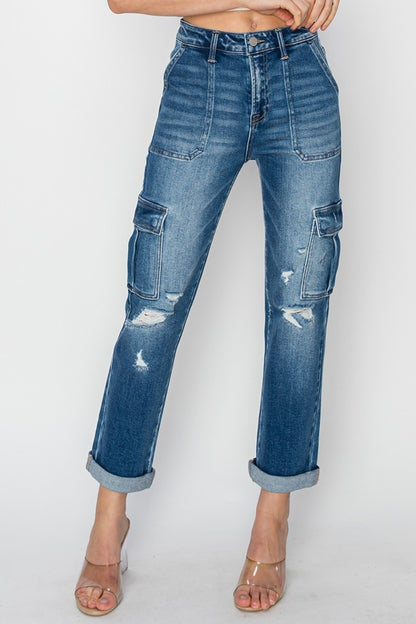 RISEN Lanie Cargo Ankle Roll Up Straight Jeans