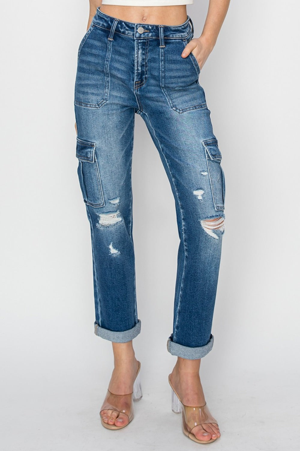 RISEN Lanie Cargo Ankle Roll Up Straight Jeans