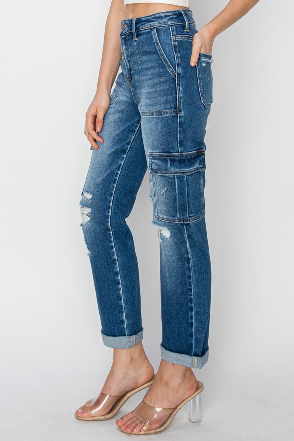 RISEN Lanie Cargo Ankle Roll Up Straight Jeans