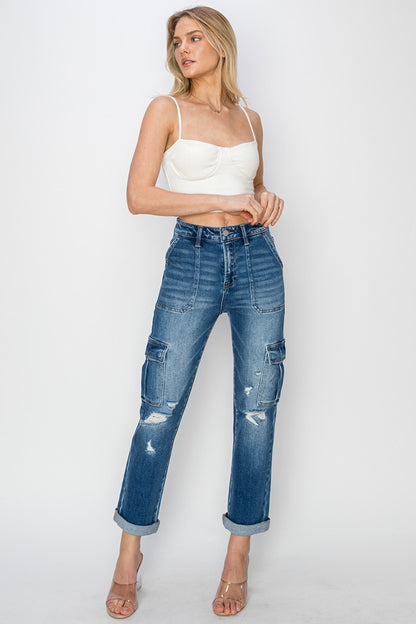 RISEN Lanie Cargo Ankle Roll Up Straight Jeans